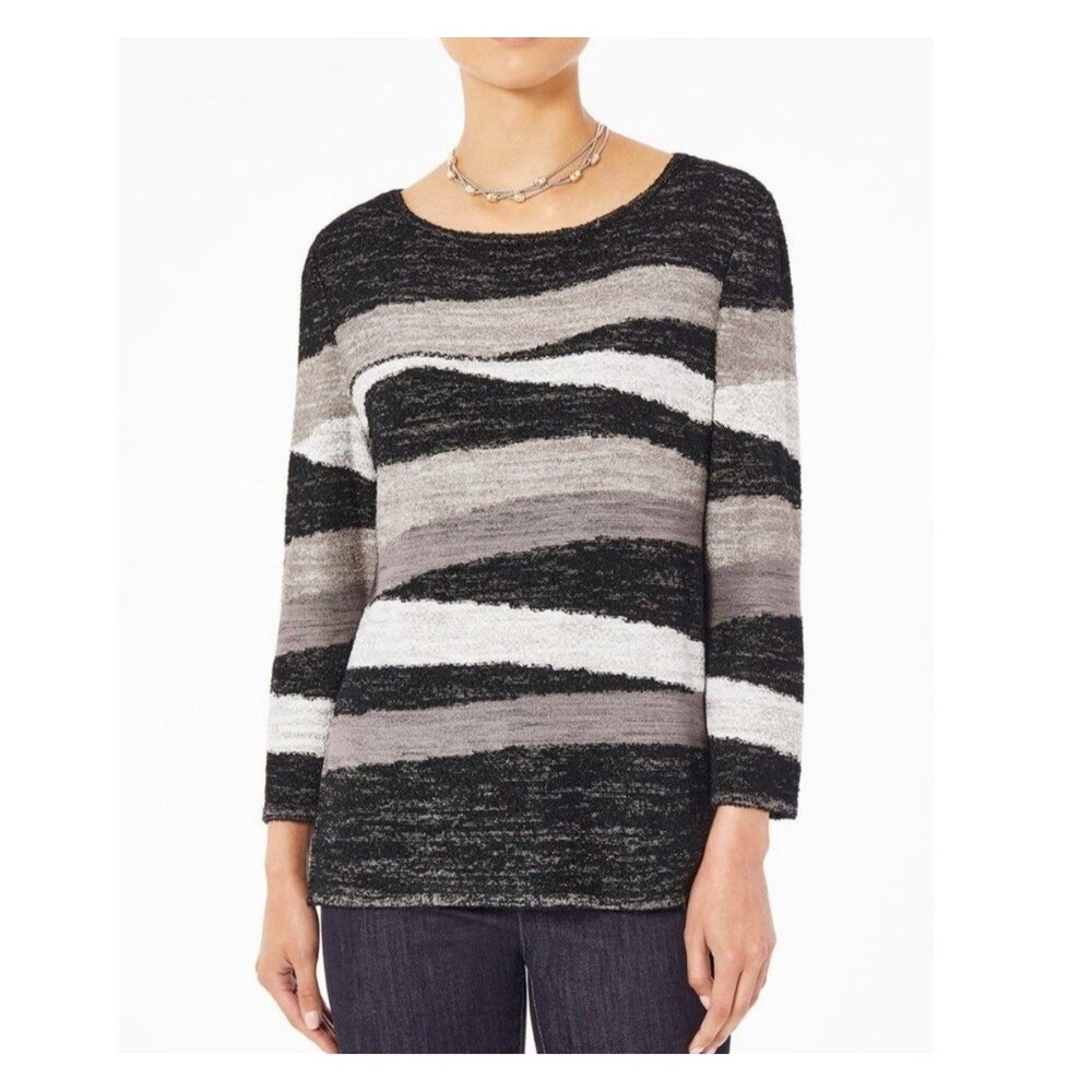 MING WANG Cozy Knit 3/4 Sleeve Abstract Stripe Melange Pull On Tunic Top Sz L